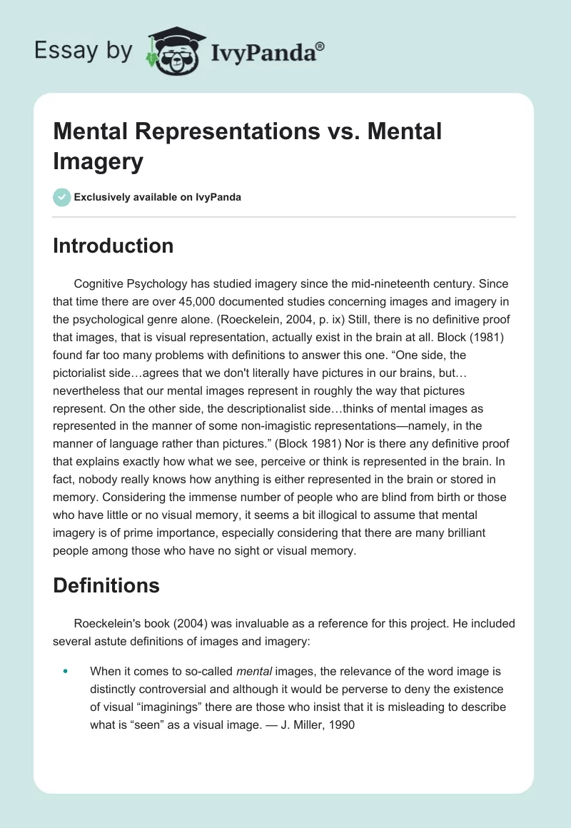 Mental Representations vs. Mental Imagery. Page 1