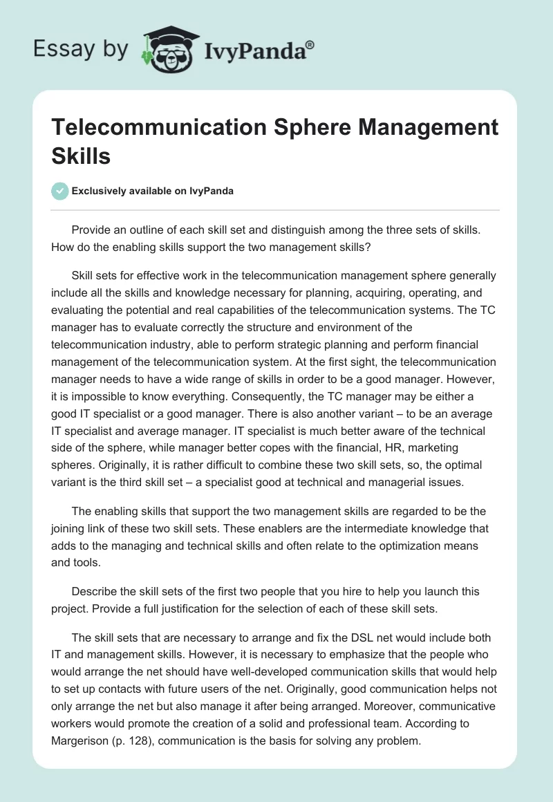 Telecommunication Sphere Management Skills. Page 1