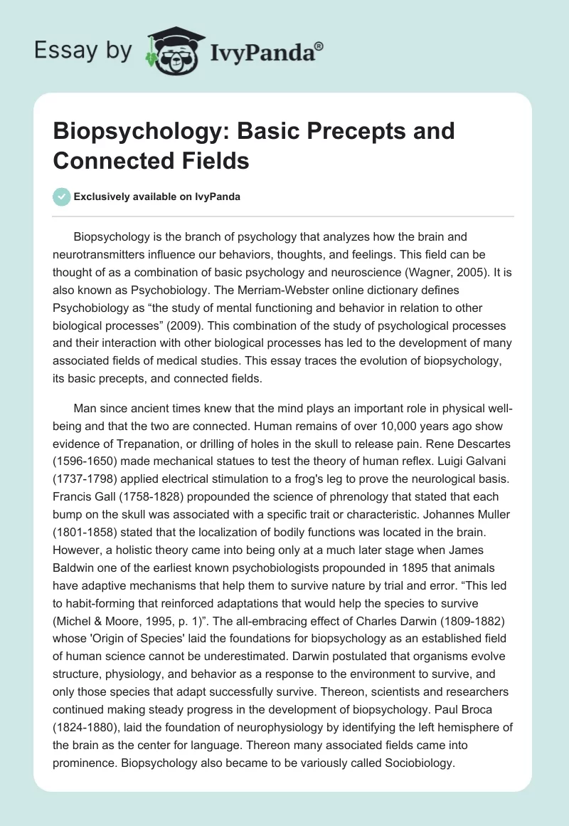 Biopsychology: Basic Precepts and Connected Fields. Page 1