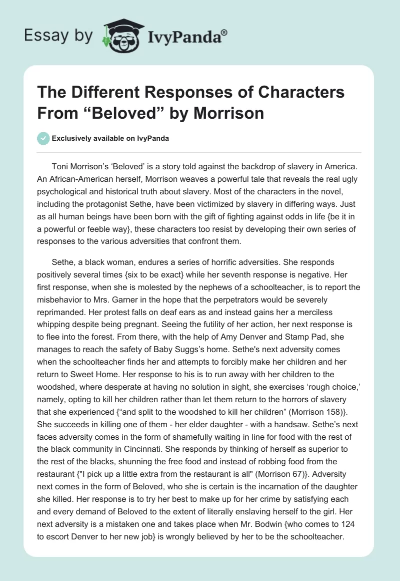 The Different Responses of Characters From “Beloved” by Morrison. Page 1