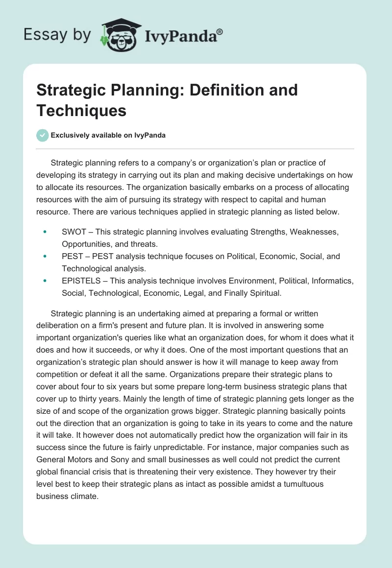 Strategic Planning: Definition and Techniques. Page 1