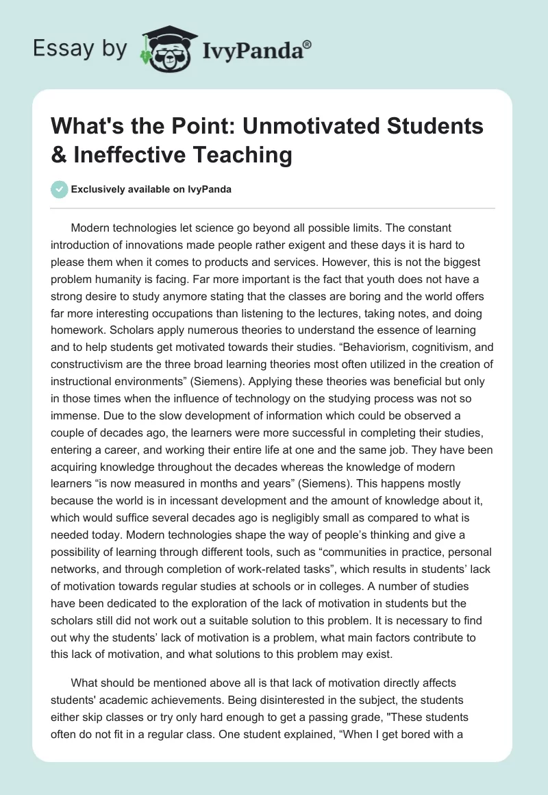 What's the Point: Unmotivated Students & Ineffective Teaching. Page 1