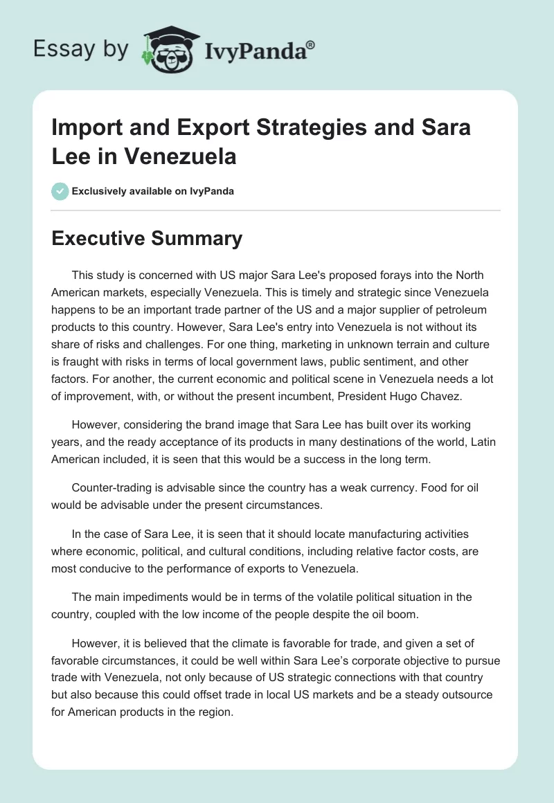 Import and Export Strategies and Sara Lee in Venezuela. Page 1