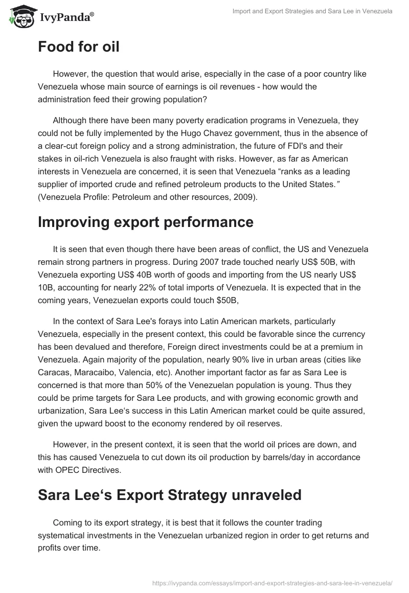 Import and Export Strategies and Sara Lee in Venezuela. Page 4