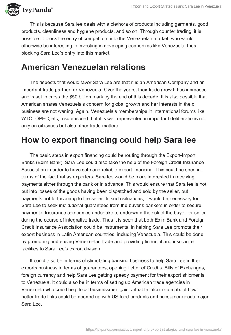 Import and Export Strategies and Sara Lee in Venezuela. Page 5