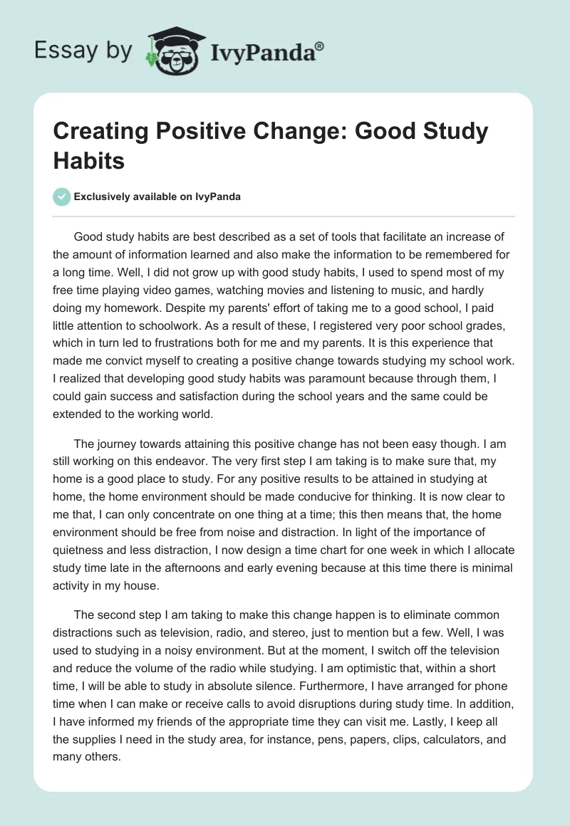 Creating Positive Change: Good Study Habits. Page 1