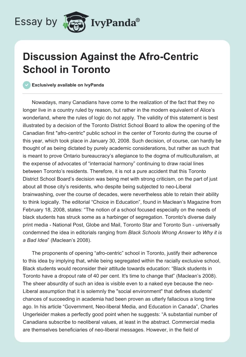 Discussion Against the Afro-Centric School in Toronto. Page 1