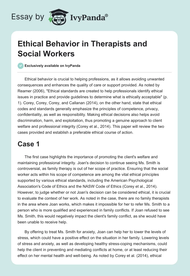 Ethical Behavior in Therapists and Social Workers. Page 1