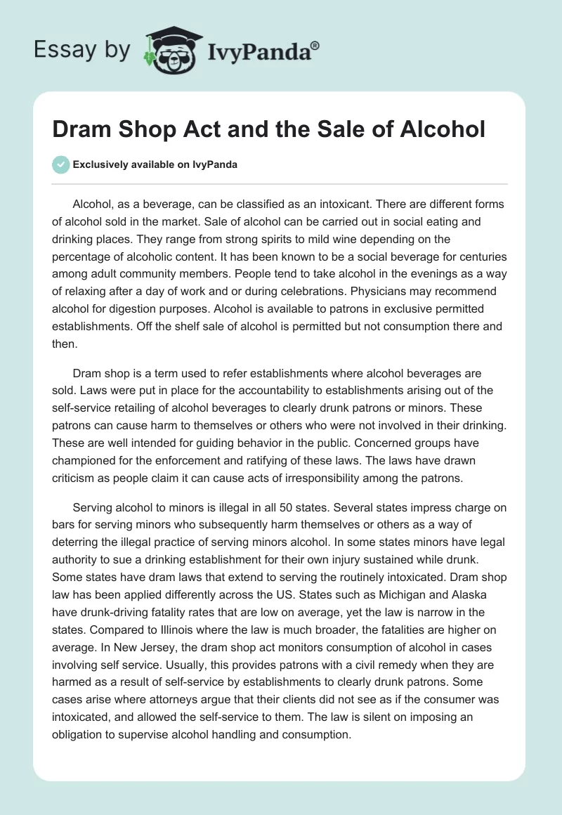 Dram Shop Act and the Sale of Alcohol. Page 1