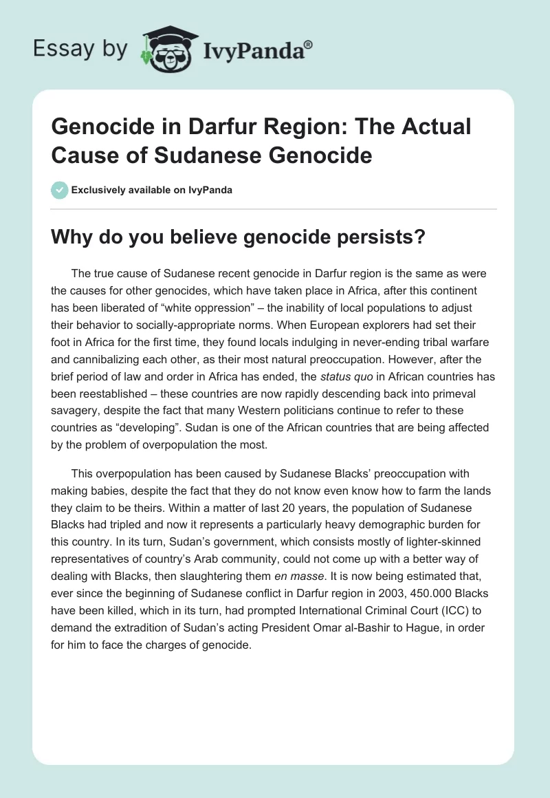Genocide in Darfur Region: The Actual Cause of Sudanese Genocide. Page 1