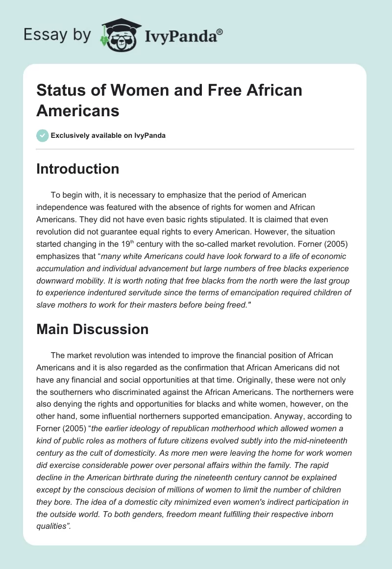 Status of Women and Free African Americans. Page 1