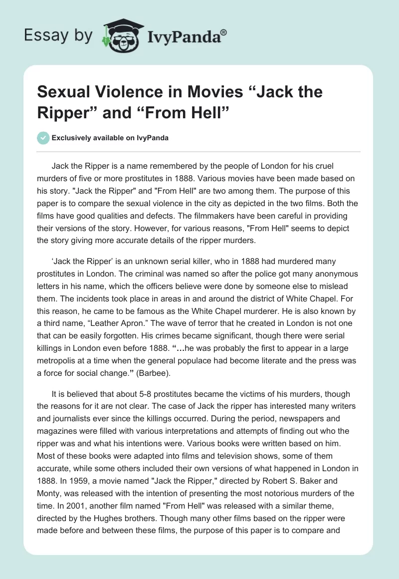 Sexual Violence in Movies “Jack the Ripper” and “From Hell”. Page 1