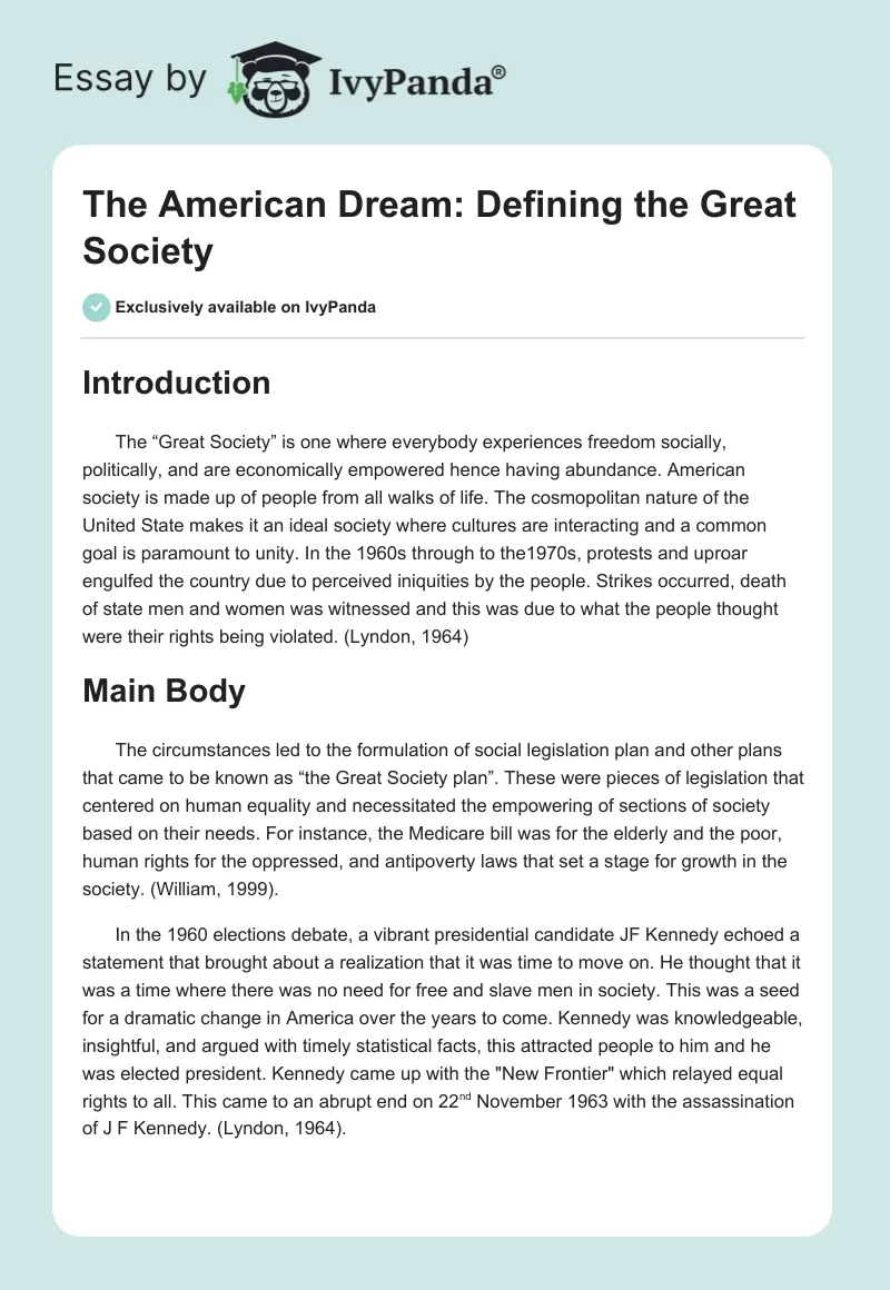 The American Dream: Defining the Great Society. Page 1