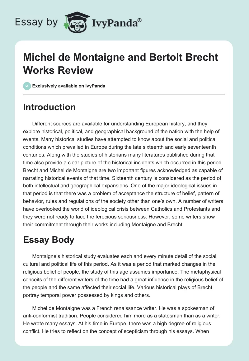 Michel de Montaigne and Bertolt Brecht Works Review. Page 1