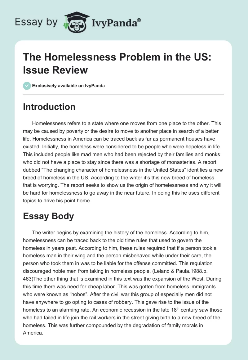 The Homelessness Problem in the US: Issue Review. Page 1