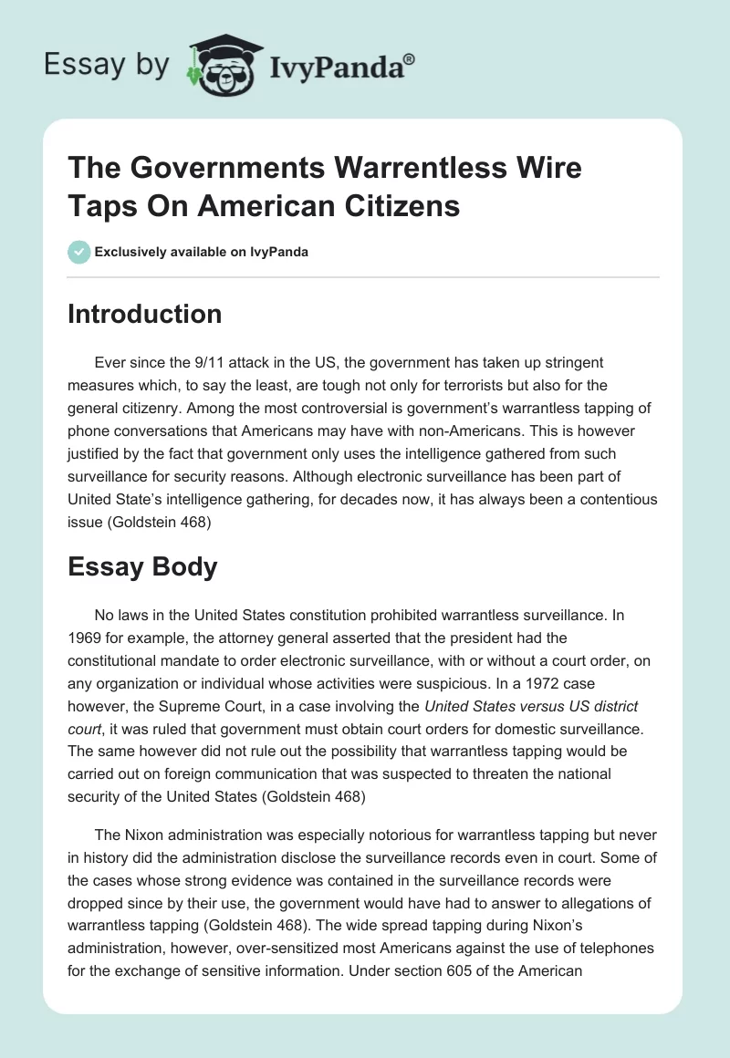 The Governments Warrentless Wire Taps On American Citizens. Page 1