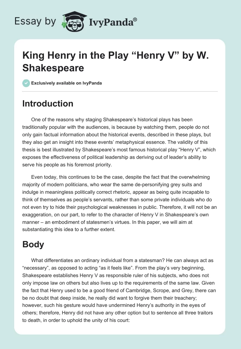 King Henry in the Play “Henry V” by W. Shakespeare. Page 1