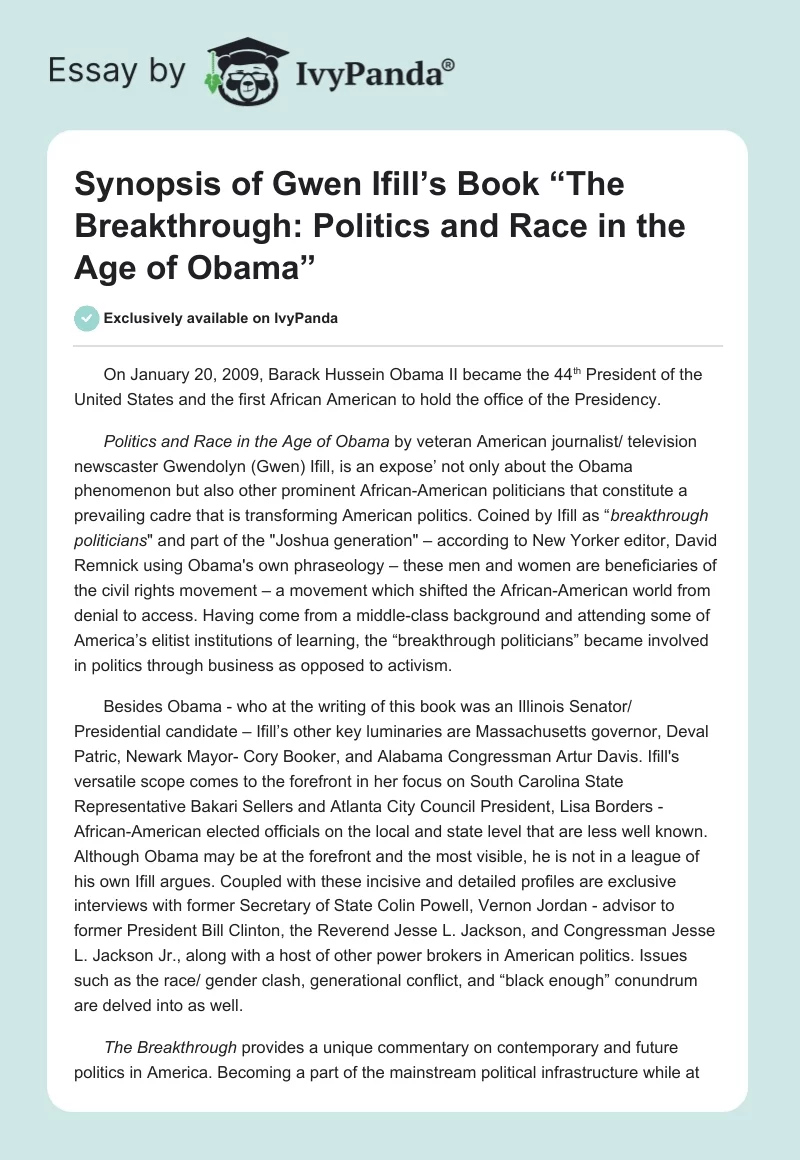 Synopsis of Gwen Ifill’s Book “The Breakthrough: Politics and Race in the Age of Obama”. Page 1