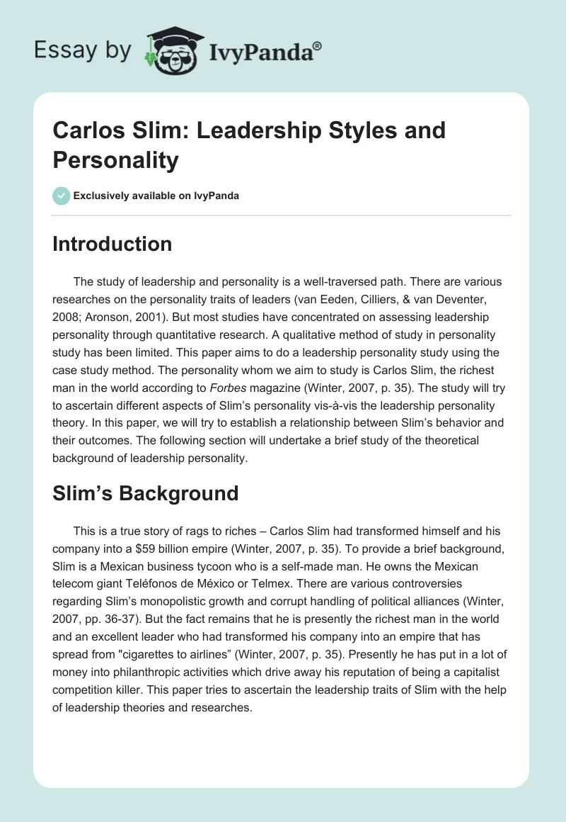 Carlos Slim: Leadership Styles and Personality. Page 1
