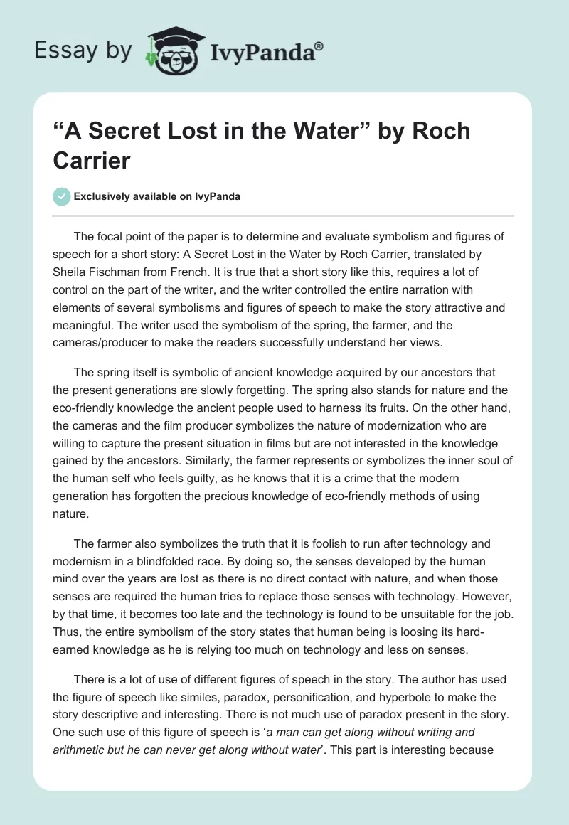“A Secret Lost in the Water” by Roch Carrier. Page 1