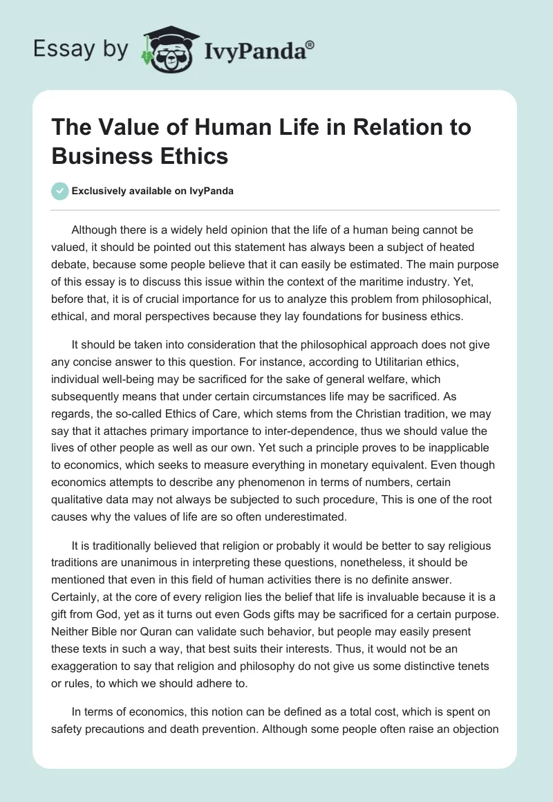 The Value of Human Life in Relation to Business Ethics. Page 1
