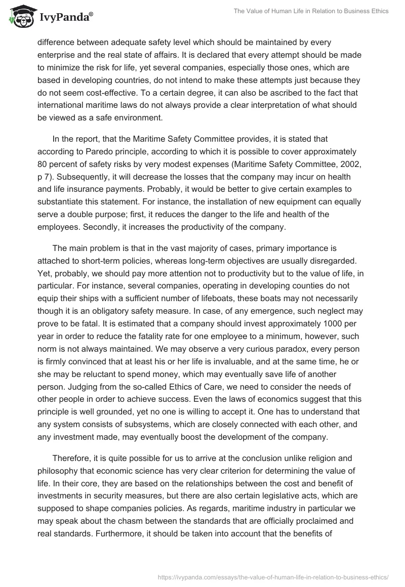 The Value of Human Life in Relation to Business Ethics. Page 3
