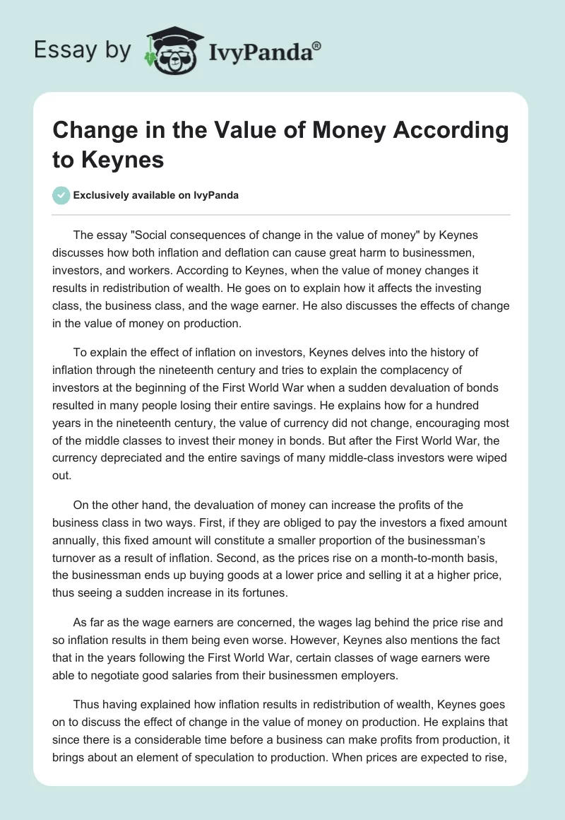 Change in the Value of Money According to Keynes. Page 1