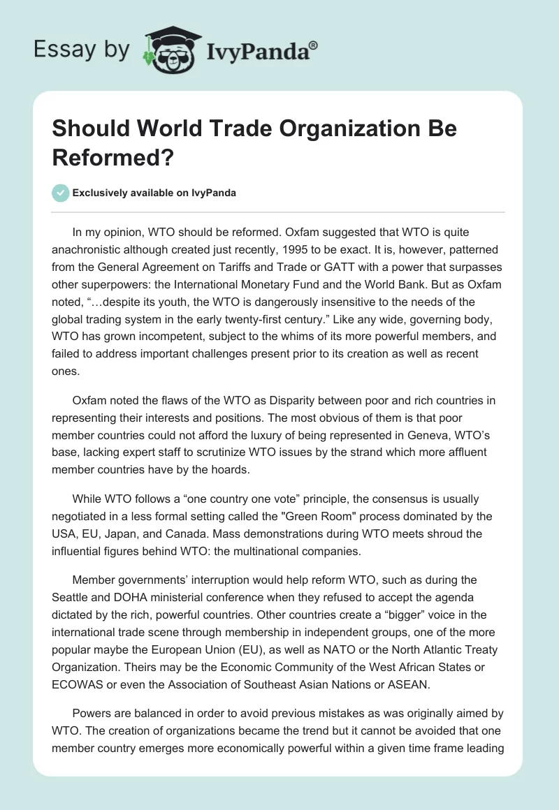 Should World Trade Organization Be Reformed?. Page 1