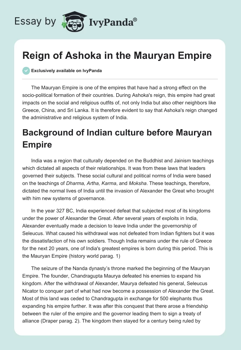 Reign of Ashoka in the Mauryan Empire. Page 1