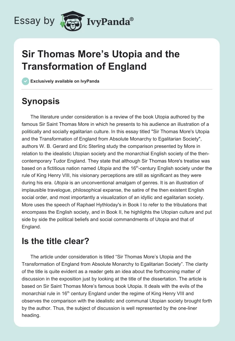 Sir Thomas More’s Utopia and the Transformation of England. Page 1