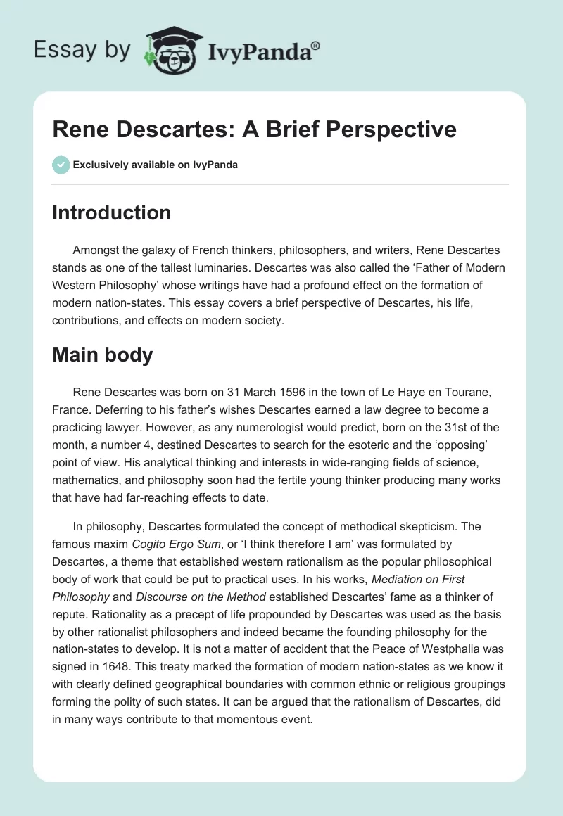 Rene Descartes: A Brief Perspective. Page 1