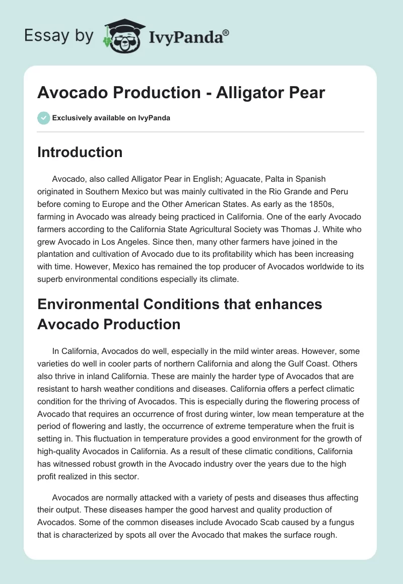 Avocado Production - Alligator Pear. Page 1
