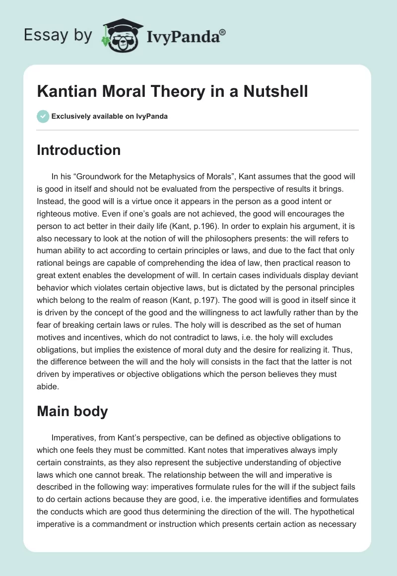 Kantian Moral Theory in a Nutshell. Page 1