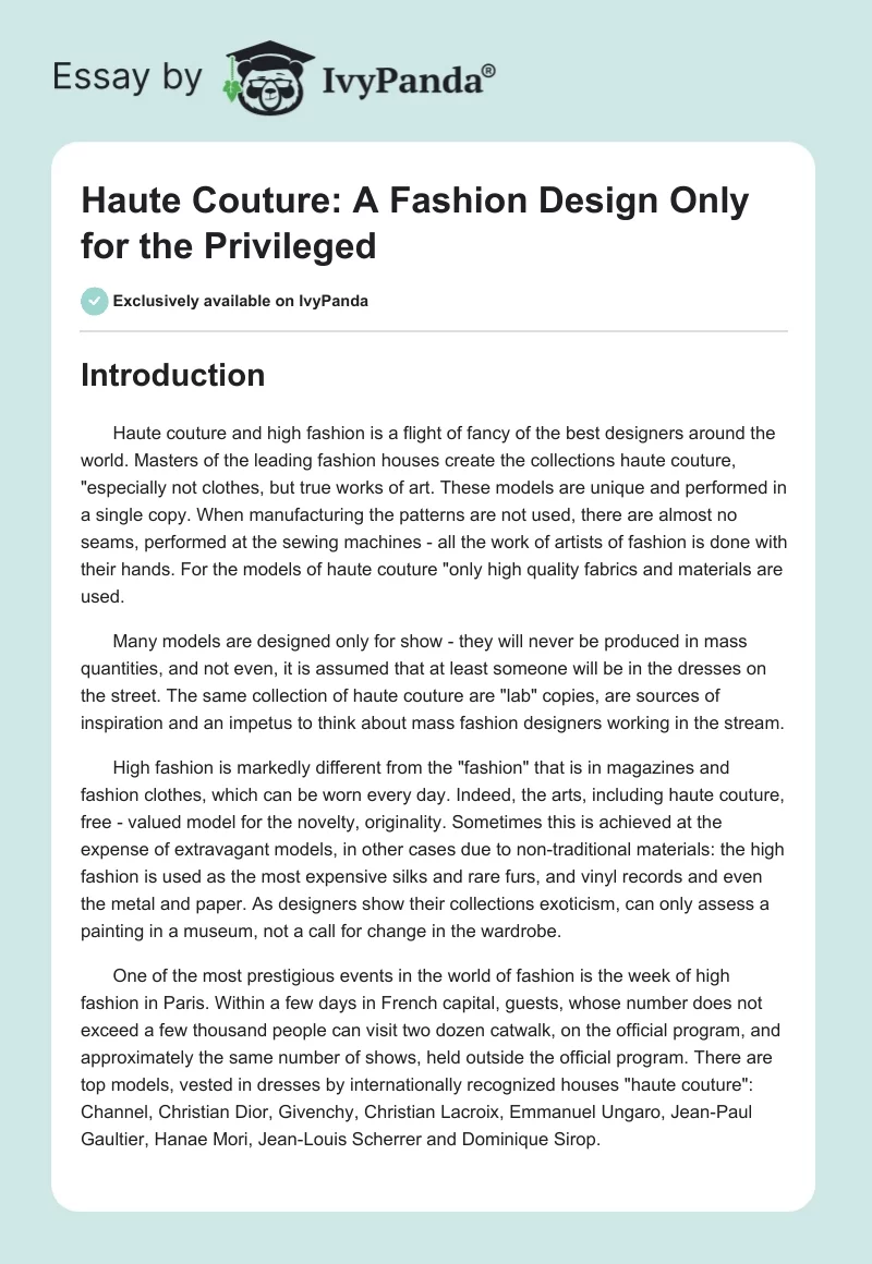 Haute Couture: A Fashion Design Only for the Privileged. Page 1