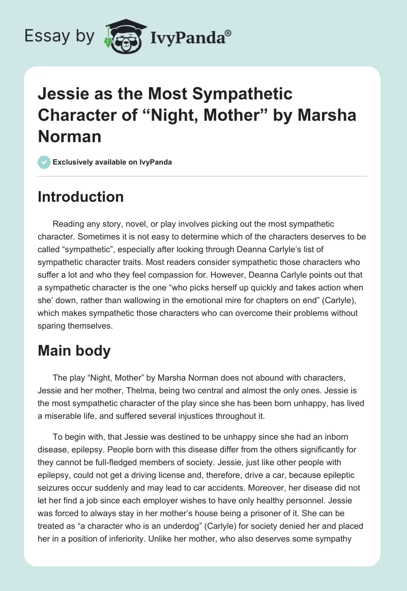 Jessie as the Most Sympathetic Character of “Night, Mother” by Marsha Norman. Page 1