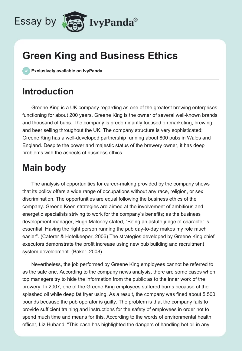 Green King and Business Ethics. Page 1