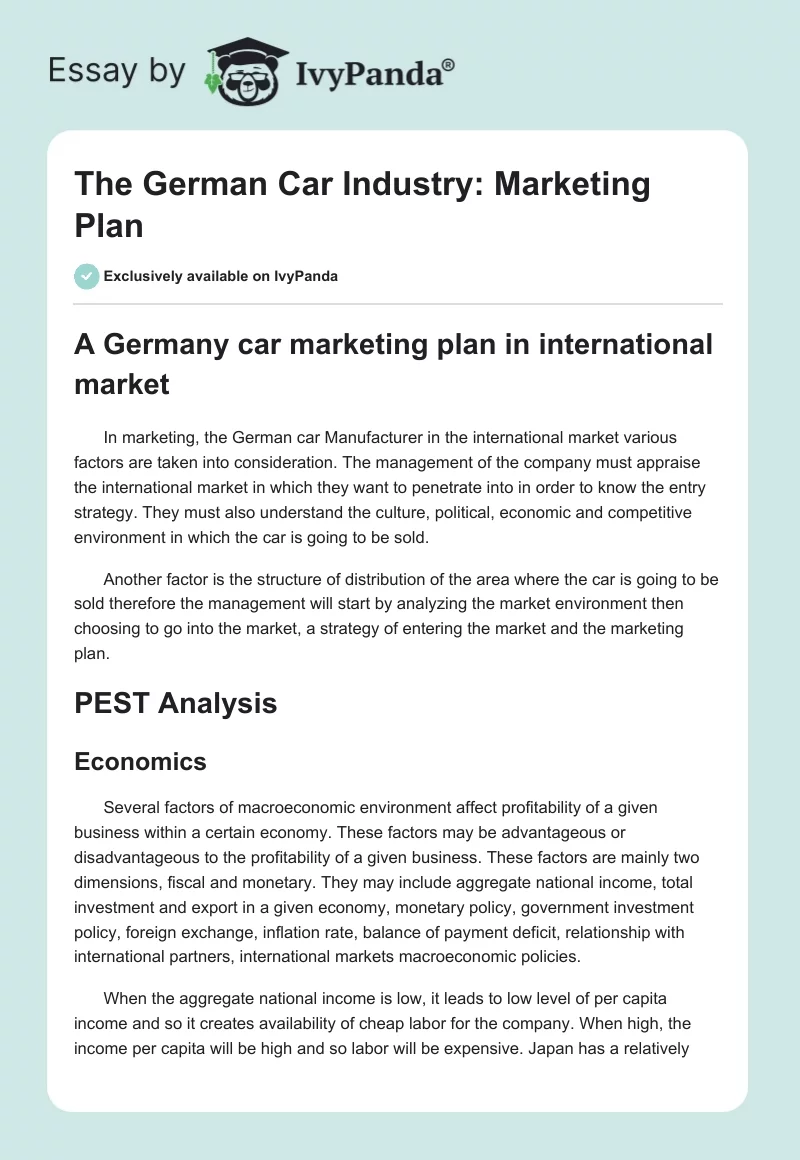 The German Car Industry: Marketing Plan. Page 1