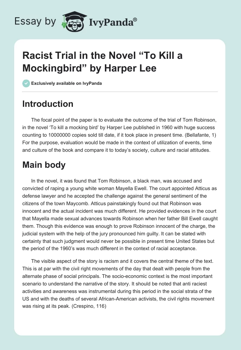 Racist Trial in the Novel “To Kill a Mockingbird” by Harper Lee. Page 1
