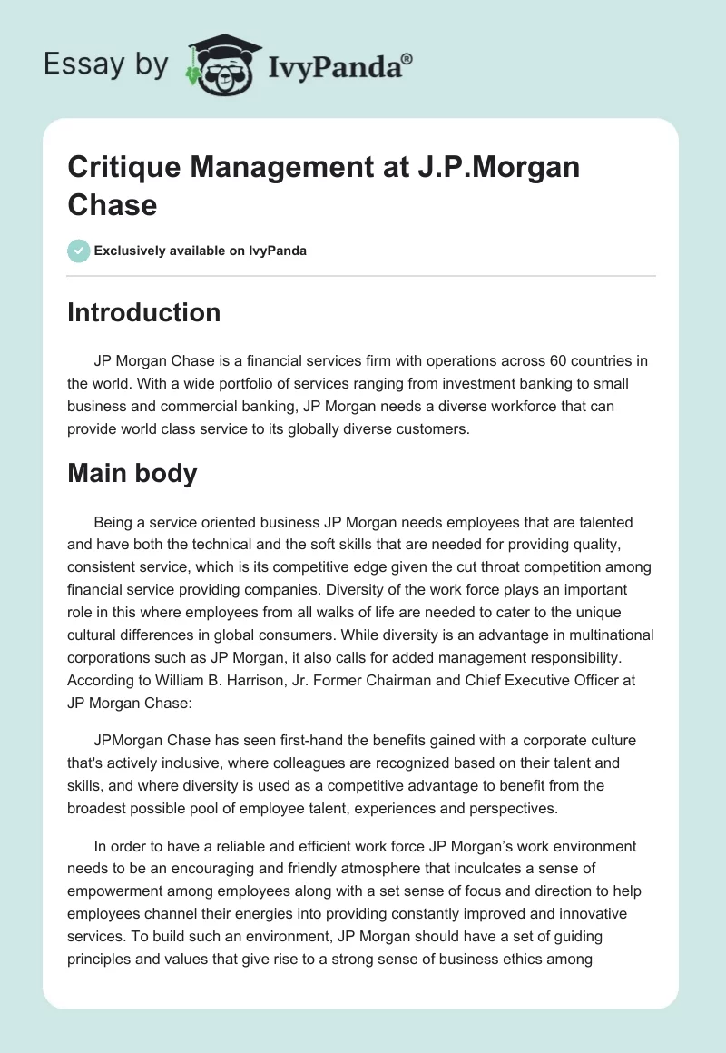 Critique Management at J.P.Morgan Chase. Page 1