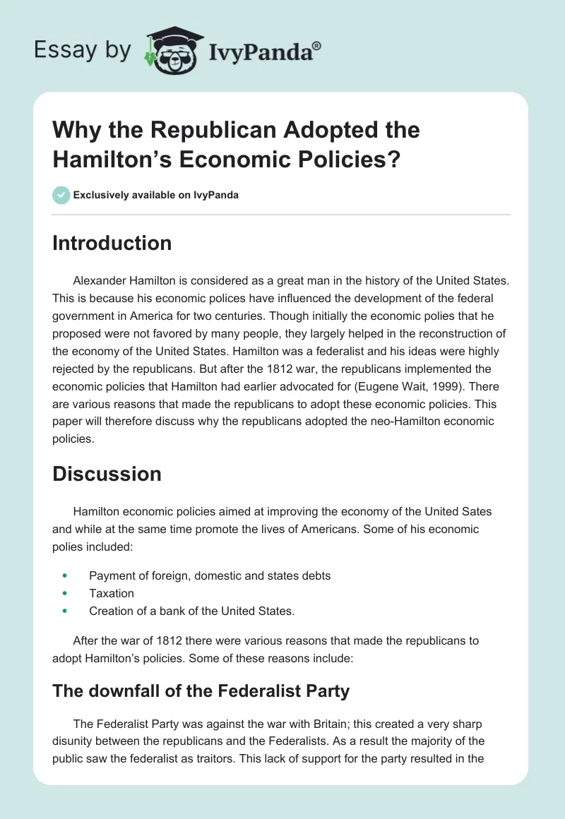 Why the Republican Adopted the Hamilton’s Economic Policies?. Page 1