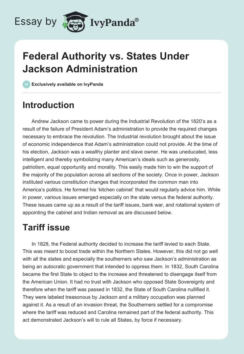 Federal Authority vs. States Under Jackson Administration. Page 1