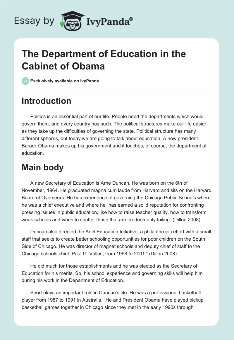 The Department of Education in the Cabinet of Obama. Page 1