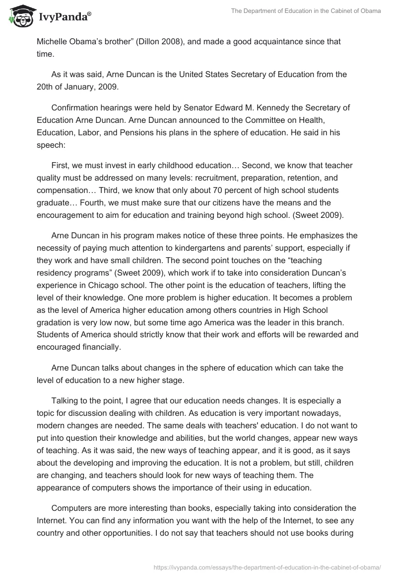 The Department of Education in the Cabinet of Obama. Page 2