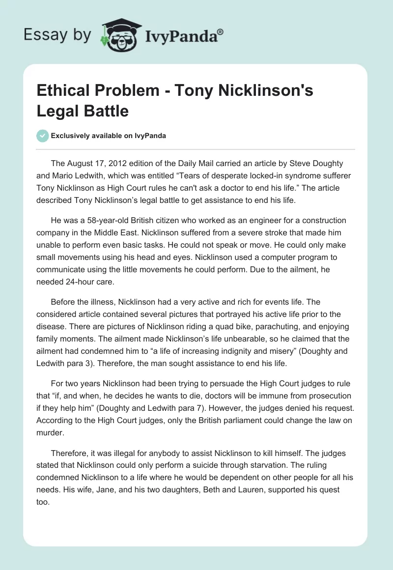 Ethical Problem - Tony Nicklinson's Legal Battle. Page 1