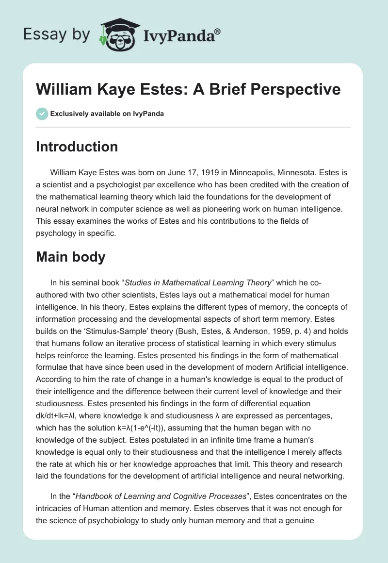 William Kaye Estes: A Brief Perspective. Page 1