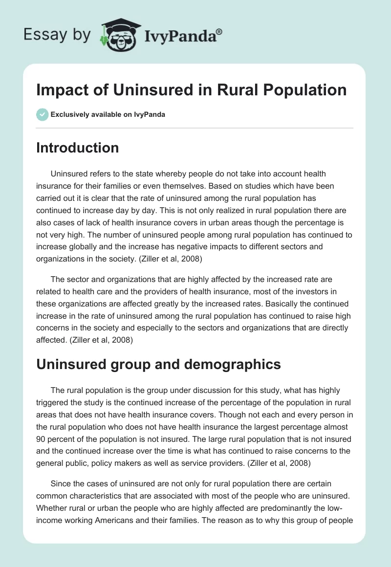 Impact of Uninsured in Rural Population. Page 1