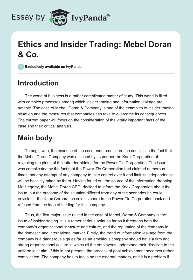 Ethics and Insider Trading: Mebel Doran & Co.. Page 1