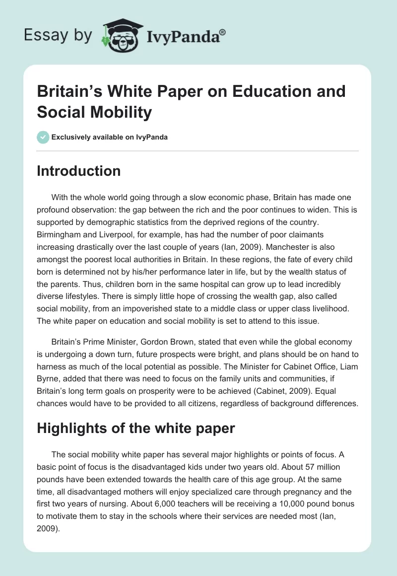 Britain’s White Paper on Education and Social Mobility. Page 1