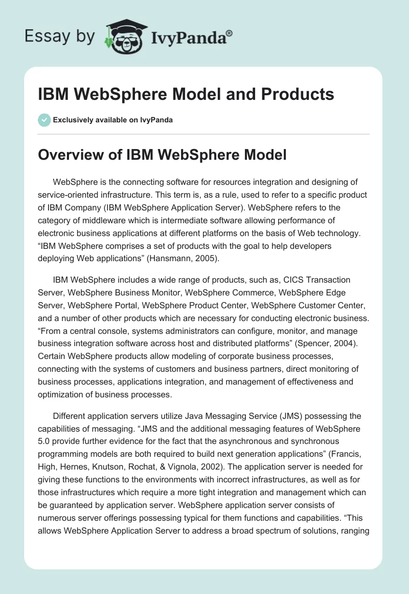 IBM WebSphere Model and Products. Page 1