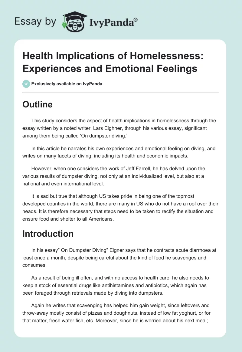 Health Implications of Homelessness: Experiences and Emotional Feelings. Page 1